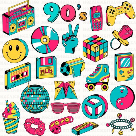 Pop Art 90s, 90s Aesthetic Design, 90s Clipart, 90s Illustration, 90s Vintage Aesthetic, 90s Graphics, 90s Things, Retro Clip Art, 90s Stickers