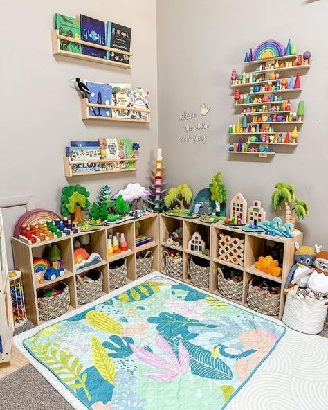 Long Playroom Ideas, Tiny Play Area In Living Room, Split Playroom Ideas, Small Toddler Playroom, Wild Ones Playroom, Multi Age Playroom Ideas, Playroom Classroom Combo, Nursery Playroom Ideas, Montessori Playroom Decor