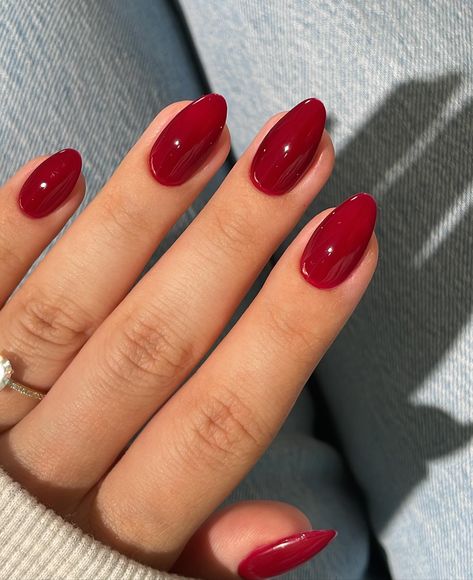 Embracing the autumnal vibes🍷🍂♥️ Using @leminimacaron ‘Red Velvet’ - code ‘LMMSIMLY15’ to save 15%✨ *affiliate Red Velvet Nails Acrylic, Acrylic Nails Red Almond, Short Oval Red Nails, Velvet Red Nails, Red Almond Nails Short, Red Oval Acrylic Nails, Red Nails With Design Ideas, Red Nails Oval, Red Gel X Nails