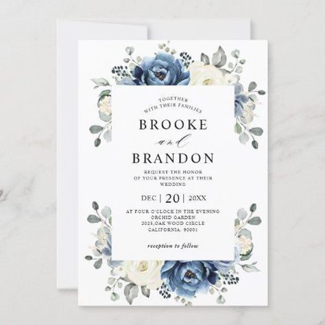 Dusty Blue Navy Champagne Ivory Floral Wedding Inv for $2.80 - Wedding Invitations Bouquet Navy Blue, Fall Monograms, Dusty Blue Wedding Invitations, Flowers Template, Rose Simple, Wedding Invitations Uk, Bohemian Garden, Botanical Theme, Rose Wedding Invitations