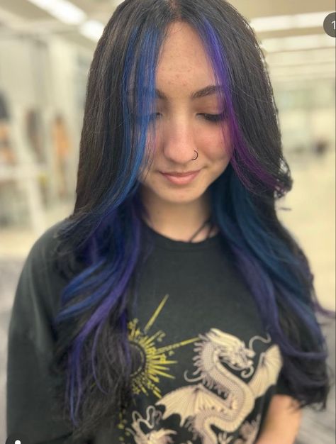 Purple And Blue And Black Hair, Galaxy Hair Underneath, Pink Purple And Blue Hair Underneath, Purple And Turquoise Hair Highlights, Blue And Purple Underneath Hair, Black Hair With Blue And Purple Streaks, Blue And Purple Dyed Hair, Blue Purple And Black Hair, Black Blue Purple Hair