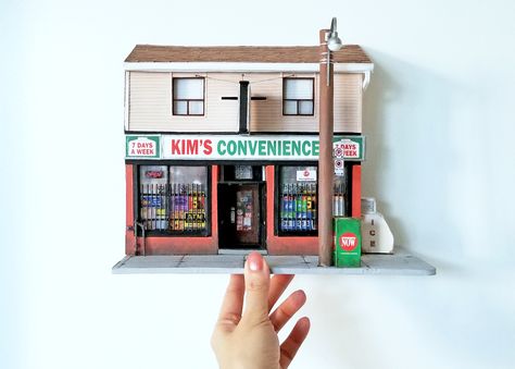 Scratch built Kim's Convenience store using random mixed media found around the house.  #miniatures #diorama #miniature #scratchbuilt #kimsconvenience Miniature Convenience Store, Store Diorama, Kim's Convenience, Record Room, House Miniatures, Record Store, Set Design, Convenience Store, The House