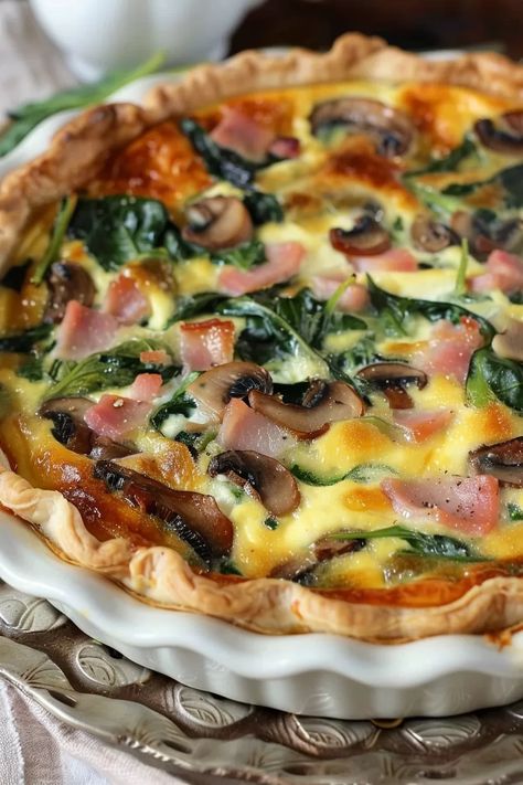 Savory Ham Spinach Mushroom Quiche Ham Quiche Recipes Cheese, Ham Mushroom Quiche, Ham And Spinach Quiche Recipes, Ham Spinach Quiche, Ham And Spinach Quiche, Spinach Mushroom Quiche, Ham Quiche Recipe, Mushroom And Spinach Quiche, Ham Quiche