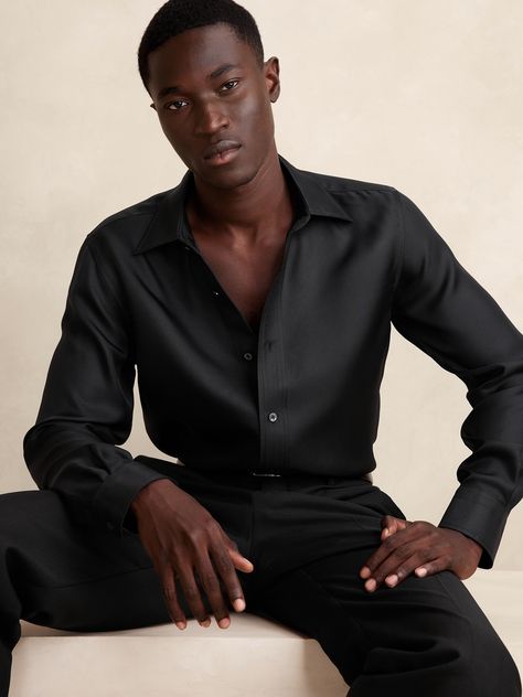 True Slim Silk Dress Shirt | Banana Republic Untucked Dress Shirt Men, Dress Shirt Men, Mens Black Satin Shirt Outfit, All Black Dress Outfit, Men’s Black Dress Shirt Outfit, Luxury Timeless Slim Fit Dress Shirt, Black Silk Shirt Men, Prom Outfits Men, Satin Shirt Men