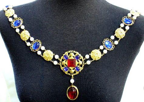 Sapphire & Sage - Renaissance Medieval Jeweled Collar/Carcanet of Office/State Collection Livery Collar, Black Ruby, Jeweled Collar, Imperial Blue, Ren Fest, European Jewelry, Black Amethyst, Gold Topaz, Acrylic Gems