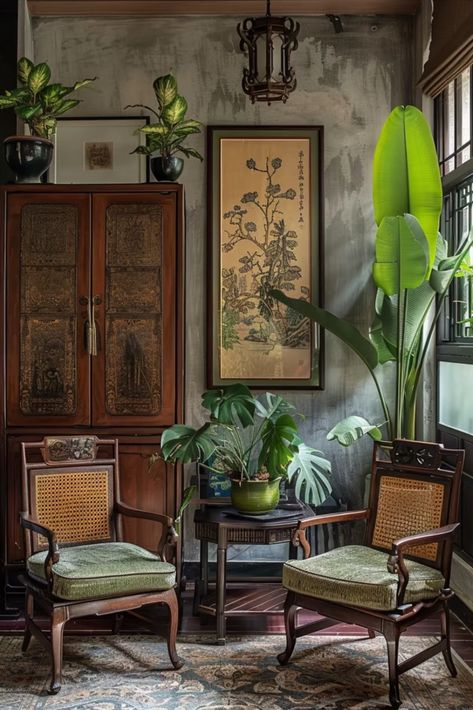 #decor #asian #chinese #livingroom #greenaries #oriental #retro #soothing Vintage Asian Home Decor, Cozy Asian Living Room, Chinese Inspired Decor, French Vietnamese Decor, Vintage Japanese Home Decor, Chinese Inspired Interior Design, Chinese Dark Academia, Southeast Asian Interior Design, Chinese Design Interior