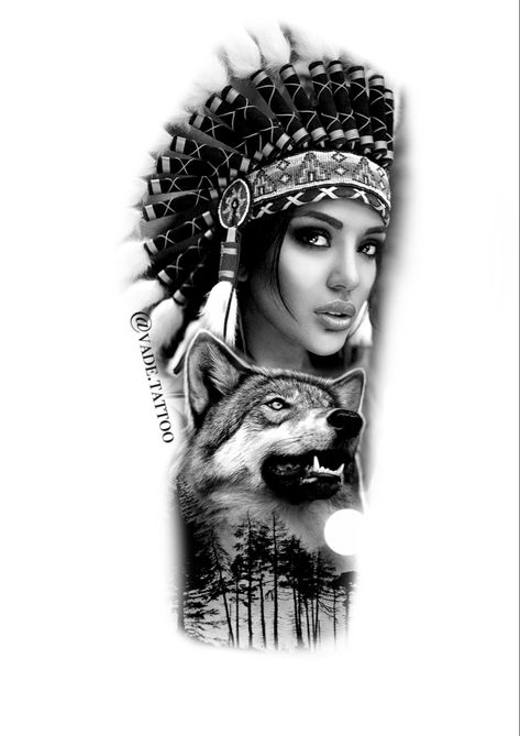 Realistic tattoo idea Indian girl wolf tattoo idea Vade.tattoo Wolf Headdress Tattoo, Native American Headdress Tattoo, Indian Girl Tattoo, Indian Women Tattoo, Native Indian Tattoos, Indian Girl Tattoos, Wolf Tattoo Meaning, Native American Tattoo Designs, Indian Tattoo Design