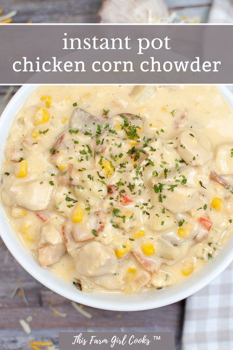 If you're looking for a savory and delicious dish that is ready in no time, then you'll love this Instant Pot Chicken Corn Chowder. With only a few ingredients and the convenience of a pressure cooker, this hearty chowder is ready in minutes and will satisfy your cravings for a comforting meal. Enjoy the flavor of sweet corn and savory chicken, all in a creamy, thick soup that will warm your soul! Instant Pot Chicken Chowder, Instant Pot Chowder, Instapot Chicken Corn Chowder, Instant Pot Chicken Corn Soup, Chicken Corn Chowder Instant Pot, Corn Chowder Soup Instant Pot, Creamy Chicken Corn Chowder Crock Pot, Instant Pot Chicken Corn Chowder, Corn Chowder Instant Pot