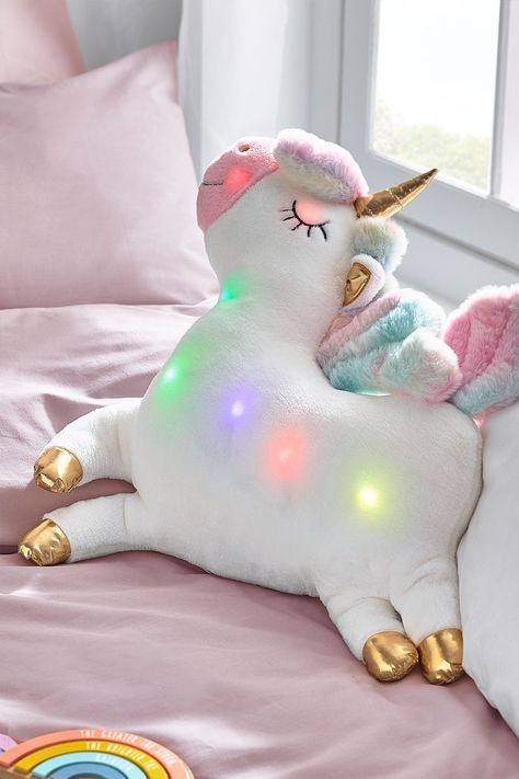 Buy White Light Up Unicorn Cushion from the Next UK online shop Toddler Unicorn Room, Unicorn Bedrooms, Girls Bedroom Unicorn, Unicorn Kids Room, Unicorn Girls Room, Girls Rainbow Bedroom, Girly Bedroom Decor, Unicorn Bedding, Unicorn Cushion