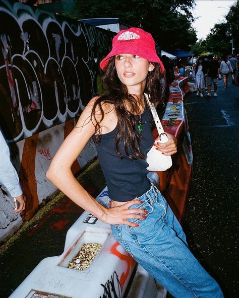 LOLITA JADE on Instagram: “white buckle bag on @reneeebeller 🎲 @samdameshek <3” Red Bucket Hat Outfit, Bucket Hat Outfit Aesthetic, Red Hat Outfit, Renee Bellerive, Hat Outfit Summer, Instagram Features, Red Bucket Hat, Bucket Hat Outfit, Nyc Summer