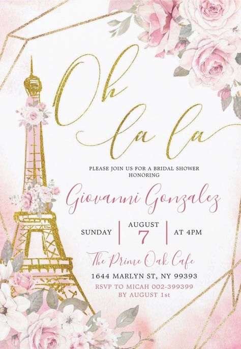 Oh La La! Elegant Paris themed bridal shower invitations featuring Eiffel Tower and beautiful blush pink watercolor flowers. afflink Bridal Shower Paris Theme, Paris Themed Bridal Shower Ideas, Paris Bridal Shower Theme, Paris Invitations, Paris Bridal Shower, Bridal Shower Planning, Paris Themed, Gold Bridal Showers, Pink Watercolor Flower