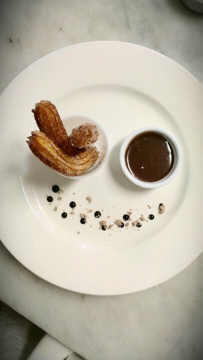 Plated Churros with Ginger-scented Milk Chocolate Sauce Churros With Chocolate Sauce, Churros Plating Ideas, Churros Plating, Deconstructed Desserts, Milk Chocolate Sauce, Plating Dessert, Plating Ideas, Plate Presentation, Banquet Ideas