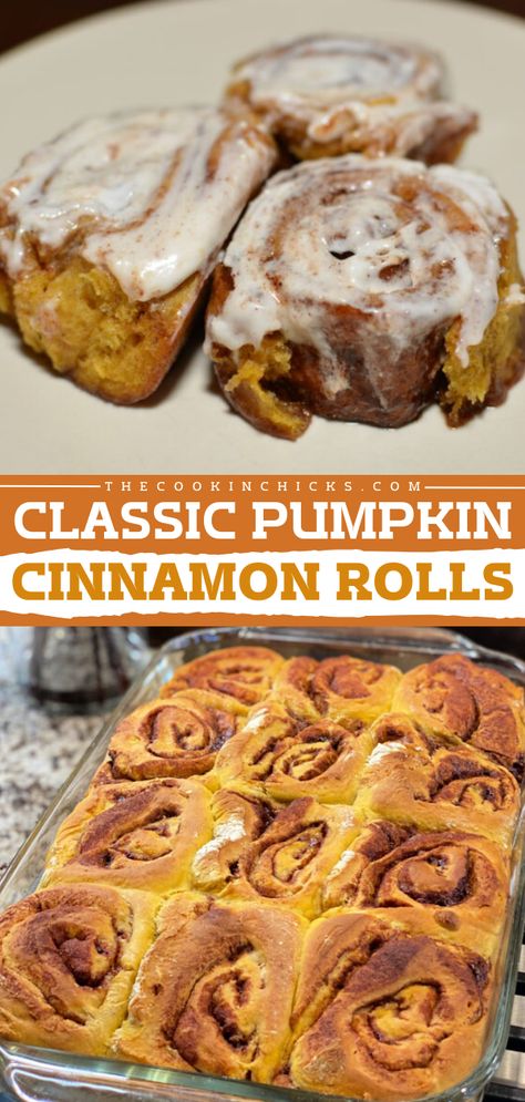 An easy Thanksgiving sweet treat featuring homemade cinnamon rolls! Fluffy and flavorful, these pumpkin cinnamon rolls with cream cheese frosting are an amazing fall baking recipe. Save this pumpkin food idea and whip up a batch of these fall cinnamon rolls! Pumpkin Cinnamon Rolls Easy, Fall Cinnamon Rolls, Types Of Cinnamon, Ultimate Chicken Casserole, Pumpkin Recipes Dinner, Cinnamon Rolls With Cream Cheese, Cinnamon Rolls With Cream, Pumpkin Rolls, The Cookin Chicks