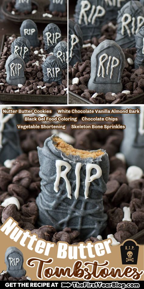 Nutter Butter Tombstones pin with overlay text Tombstone Cake Ideas, Cookie Tombstones, Popular Desserts Recipes, Most Popular Desserts, Nutter Butter Cookies, Halloween Tombstones, Halloween Treats Easy, Nutter Butter, Almond Bark