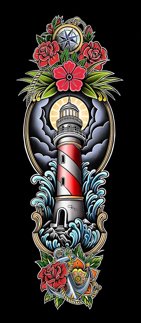 Traditional Nautical Tattoo, Traditional Lighthouse Tattoo, Traditional Tattoo Prints, New Traditional Tattoo, Nautical Tattoo Sleeve, Tato Tradisional, Colored Tattoo Design, Traditional Tattoo Old School, Sailor Tattoos