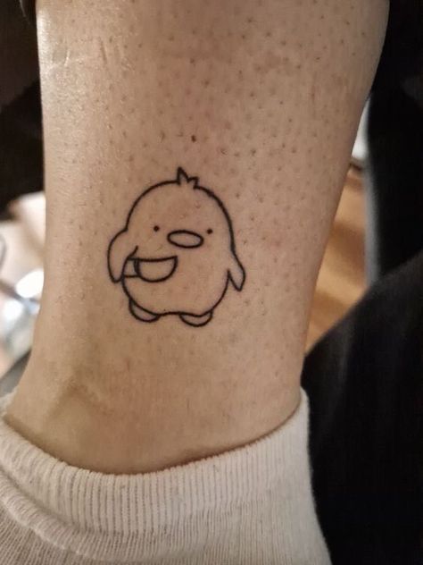 Random Doodle Tattoo, Evil Duck Tattoo, Frog Knife Tattoo, Lil Duck Tattoo, Ghost Duck Tattoo, Lil Cute Tattoos, Frog And Duck Tattoo, Cute Duck Tattoo Ideas, Tiny Tattoos Funny