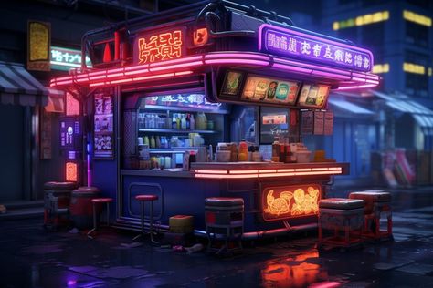 Cyberpunk Ramen Shop, Cyberpunk Convenience Store, Ramen Shop Design, Ramen Stall, Cyberpunk Interior Design, Foster Aesthetic, Cyberpunk Interior, Environment Inspiration, Market Stands