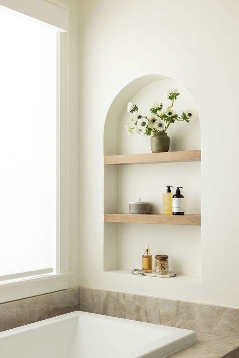 Bathroom Shelves Between Studs, Recessed Wall Niche Bathroom, Niche Behind Tub, Alcove Tub With Ledge, Bathroom Alcove Shelves, Shelf Above Bathtub, Niche Above Toilet, Shelves Over Bathtub, Bathroom Built In Shelves