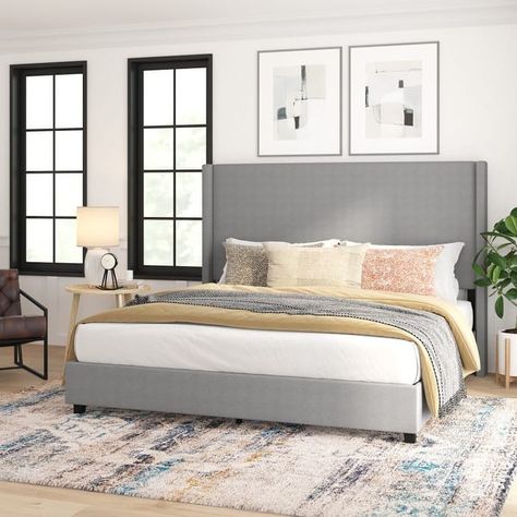 Upholstered Platform Bed with Channel Stitched Headboard - On Sale - Bed Bath & Beyond - 37248710 Modern Platform Bed, Beige Bed, Wingback Headboard, Padded Headboard, Grey Bedding, Platform Bed Frame, Upholstered Platform Bed, Velvet Upholstery, Bedroom Furniture Beds