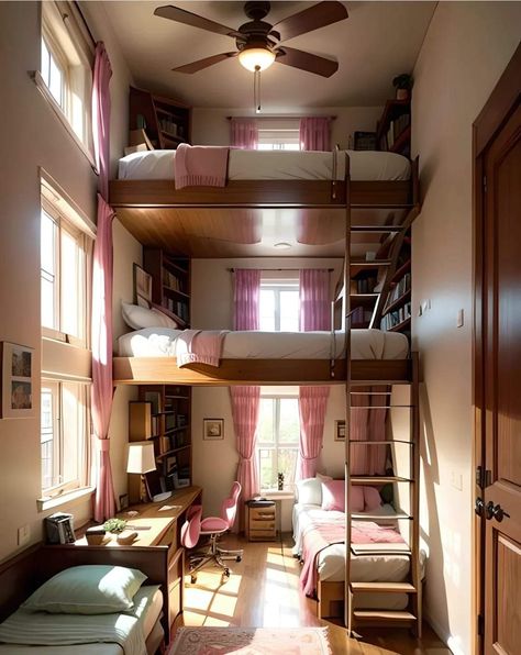 3 Person Bedroom, Fantasy Dorm Room, Pjo Visuals, Bunk Bed Aesthetic, Log Home Bedroom, Caravan Vintage, Mini Apartments, Best Bedroom Designs, Hostels Design