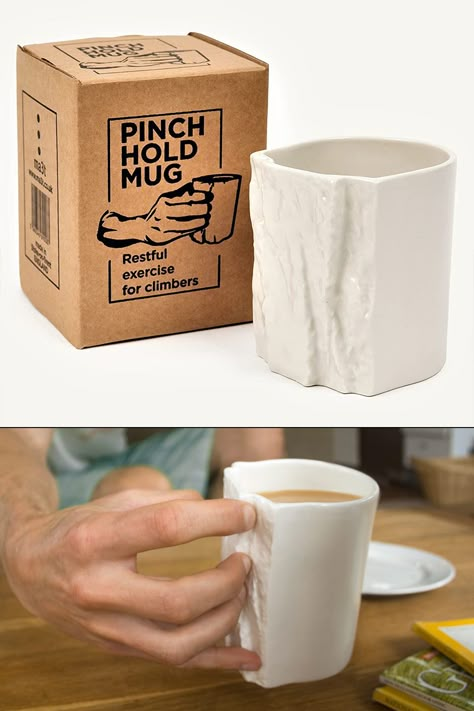 This unique ceramic coffee mug is completely handleless except for the rock face texture on the side that can be gripped with a strong pinch of your fingertips. Climbing Diy Gift, Hiking Gifts For Him, Gifts For Climbers, Ceramic Gift Ideas, The Rock Face, Face Texture, Rock Climbing Chalk Bag, Climbing Shirt, Climbing Chalk Bag