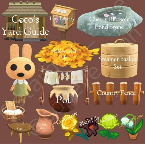 Coco's yard guide Coco Animal Crossing, Acnh Guide, Acnh Yard, Tiny Library, Ac Ideas, Acnh Cottagecore, Code Design, Animal Crossing 3ds, Animal Crossing Funny