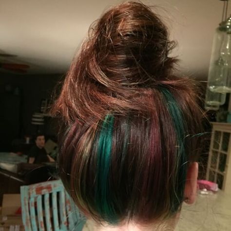 Peekaboo Highlights with Messy Bun Earloop Highlights, Unicorn Highlights, Peek A Boo Color, Rainbow Highlights, Hidden Hair Color, Underlights Hair, Peekaboo Highlights, Hairstyles And Colors, Blue Ombre Hair