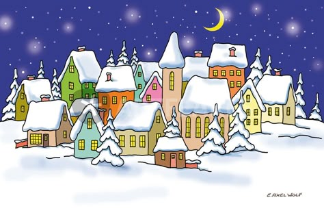 Christmas Houses Drawings, Banner Doodle, Village Drawing, Christmas Card Tutorials, Winter Drawings, Arte Aesthetic, Colour Drawing, Christmas Landscape, Christmas Paintings On Canvas