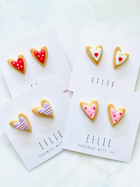 Eflie - Etsy Australia Valentine's Polymer Clay Earrings, Cookie Polymer Clay, Valentines Clay Earrings Diy, Valentine's Day Polymer Clay Ideas, Polymer Earrings Christmas, Clay Earrings Holiday, Polymer Clay Cookies, Polymer Clay Earrings Valentines, Valentines Day Polymer Clay Earrings