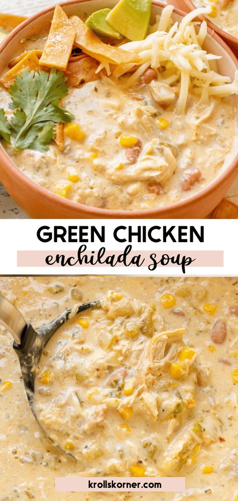 Spicy Veggie Soup, Green Chile Enchilada Soup, Green Chile Chicken Enchilada Soup, Green Chicken Enchilada Soup, Green Chicken Enchiladas, Oatmeal Pie, Tortilla Strips, Chile Recipes, Green Chicken