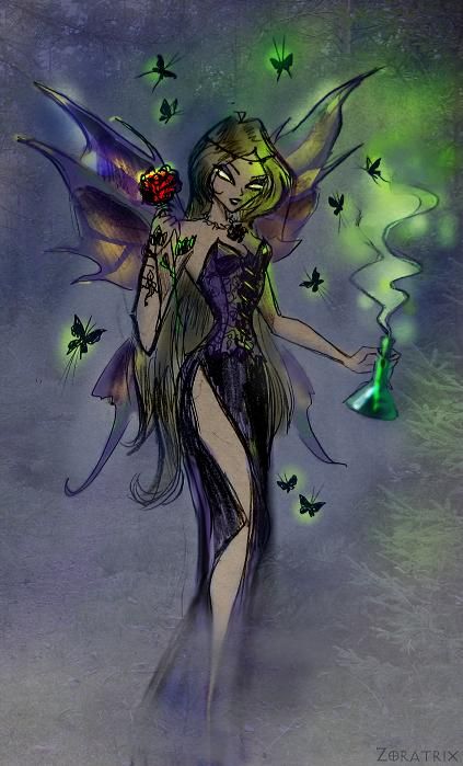 Night Chemical Fairy Trix Fairies, Evil Fairies, Night Fairy, Purple Fairy, Evil Fairy Drawing, Evil Fairy Art, Winx Club Dark Fairy, Dark Fairy Painting, Spooky Fairy Drawing