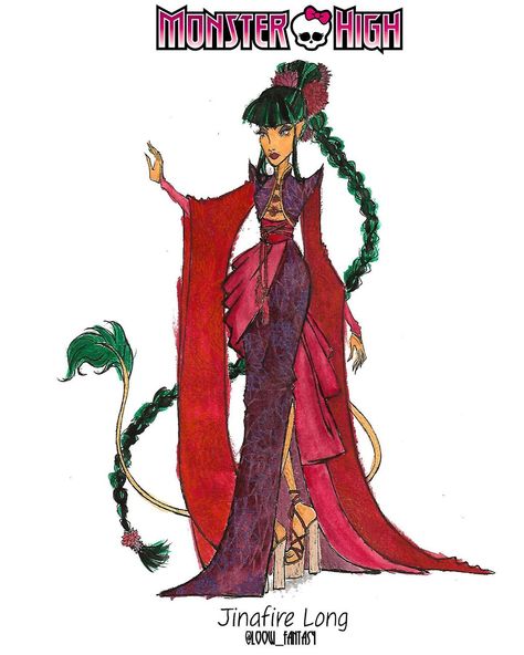 Jinafire Long Fanart, Clawdeen Draculaura, Cobra Lily, Jinafire Long, Monster High Art, Fashion Cartoon, Fantasy Gowns, Fashion Design Drawings, Chinese Dragon