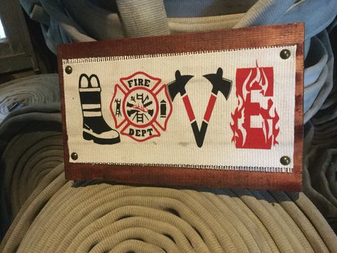 Fireman Room, Fire Hose Crafts, Fire Dept Decor, Fireman Crafts, Firefighter Room, Fireman Wedding, Firefighter Crafts, Firefighter Home Decor, Vinyl Artwork