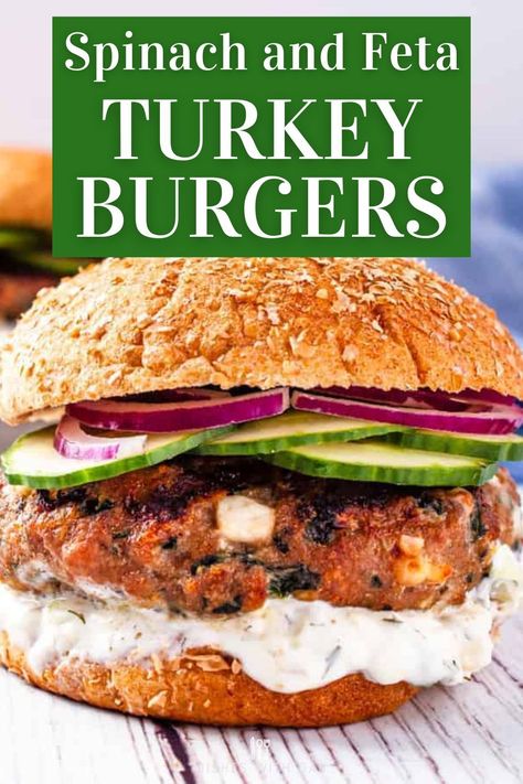 These Spinach and Feta Turkey Burgers feature lean ground turkey combined with crumbled feta and chopped spinach. They're juicy and packed with flavor and make a great choice for your next cookout! Ground Turkey Spinach Feta Burgers, Turkey Burger With Feta And Spinach, Turkey Feta Spinach Burgers, Spinach Feta Turkey Burgers, Turkey Feta Burgers, Spinach Burgers, Family Breakfast Recipes, Turkey Burger Recipes, Summer Recipes Dinner