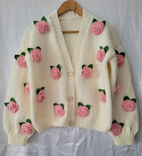 Winter Pink Cardigan With Floral Embroidery, Puffy Flower Cardigan, Chunky Flower Cardigan, Embroidered Knit Floral Sweater Chunky, Kawaii Sweaters & Cardigans, Rose Cardigan, Flower Cardigan, Pink Wardrobe, Bridal Jacket