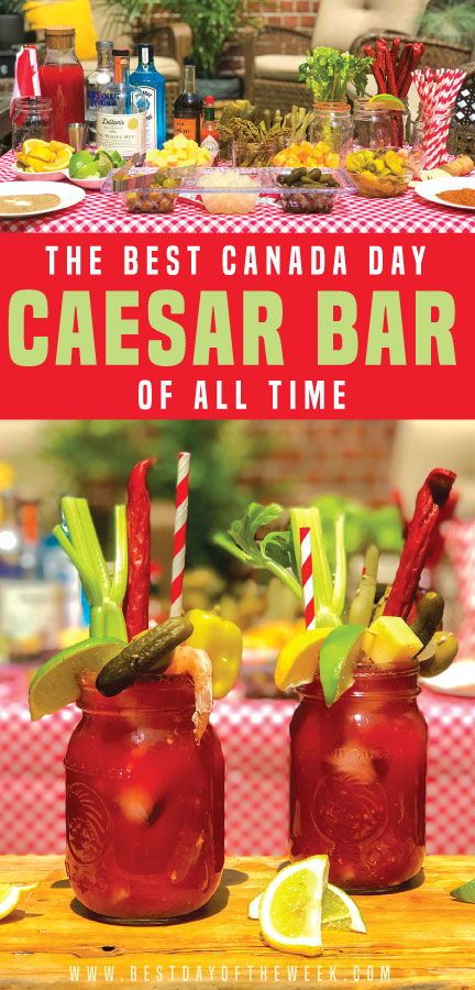 How to Make an Epic Caesar Bar, Perfect for Canada Day. We've got a checklist of all the fixings and garnishes you need to be the best host ever this summer.  This classic Canadian cocktail has vodka (you could also use gin), Clamato juice, tabasco, horseradish, and Worcestershire. Best Caesar Drink Recipe, Caesar Drink Bar, Caesar Garnish Ideas, Cesar Bar Ideas, Caesar Bar Ideas, Canada Day Food, Caesar Bar, Caesar Drink, Caesar Cocktail