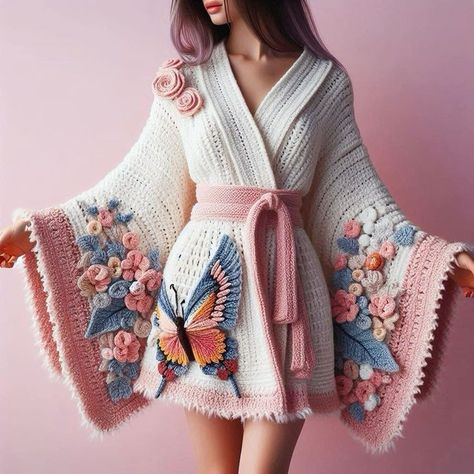 Crochet Winter Fashion, Crochet Dress Winter, Crochet Bathrobe, Kimono Crochet, Crochet Sweater Design, Crochet Kimono, Traditional Blouse Designs, Crochet Sweater Pattern Free, Easy Crochet Patterns Free