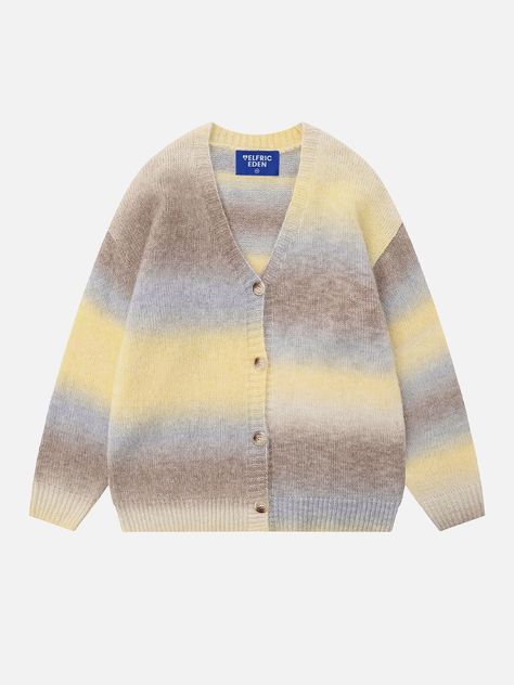 Material: 58% Acrylic, 29% Polyester, 9% Nylon, 4% Wool. Clothing details: Patchwork. SIZE GUIDE Pale Yellow Outfit, Summer Y2k Outfits, Striped Knitted Sweater, Streetwear Jackets, Stripe Cardigan, Yellow Cardigan, Fall 24, Long Sleeve Knitted Cardigan, Hippie Decor