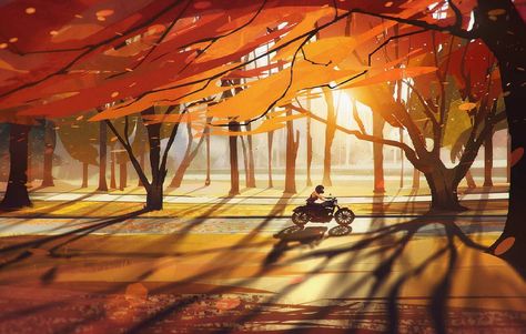 Autumn 🍁 🍃 🍂 Beautiful digital painting by Bastien Grivet  #art #nature #sun #sunrise #autumn #landscape #motorcycle #digitalart #digitalpainting #painting #drawing Bg Design, Concept Art World, Tableau Art, Tree Illustration, 판타지 아트, Environment Design, Environment Concept Art, A Park, Environmental Art