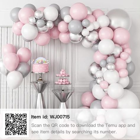 Gray Party Decorations, Balloon Arch Tape, Ribbon Balloon, Pink Birthday Decorations, Flower Petals Wedding, Baby Shower Balloon Arch, Silver Party Decorations, Silver Balloons, Balloons Decor