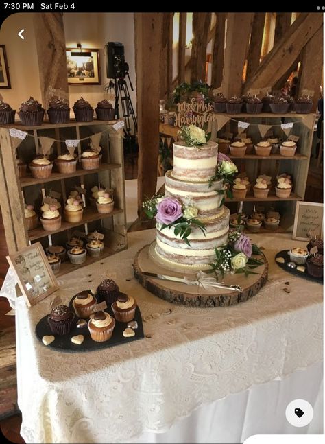 Rustic Wedding Cake And Dessert Table, Rustic Cake With Cupcakes, Wedding Rustic Dessert Table, Wedding Registry Table Decorations, Country Wedding Cupcakes Rustic, Cake And Cupcake Stand Wedding, Sweets Table Set Up Ideas, Wedding Cupcakes Ideas Fall, Cake Rustic Wedding