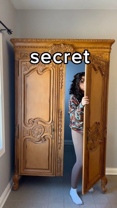 Hidden Door Closet Secret Passage, Hallway Secret Door, Hidden Door With Painting, Armoire Secret Door, Secret Cupboard Door, Diy Hidden Safe Ideas, Doors For Awkward Spaces, Armoire Hidden Door, Cute Secret Room Ideas