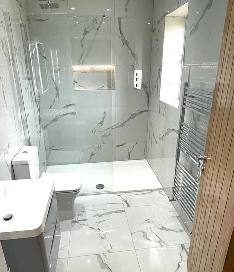 🛁SPLASHING OUT BATHROOMS🛁 on Instagram: “New en-suite installed last week marble tile is a very popular choice at the minute, they have gone for a Verona Spanish tile with a walk…” Marble En Suite Bathroom, Small Marble Shower Room, Marble Tiled Bathrooms Ideas, Small En Suite Shower Room Ideas, Ensuite Bathroom Ideas Master Bedrooms Walk In Shower Walls, Bathroom Ideas Grey Tiles, Marble Tiled Bathrooms, Small Marble Bathroom, Ensuite Shower Room Ideas