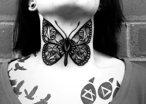 Tattoo , butterfly Womens Throat Tattoo Beautiful, Throat Tattoo Butterfly, Butterfly Throat Tattoos Women, Neck Tattoos Women Throat Butterfly, Butterfly Throat Tattoo, Throat Tattoo Ideas, Throat Tattoos, Wicca Tattoo, Butterfly Neck Tattoo