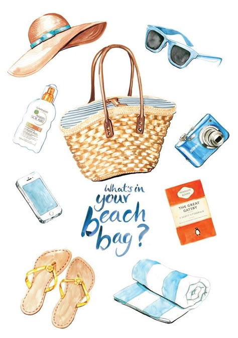 Beach bag contents illustration Beach Life Drawing, Beach Watercolor Illustration, Summer Illustration Art Drawings, Vacation Illustration Art, Summer Beach Illustration, Beach Drawings, Watercolour Food, Food Portrait, Objects Illustration