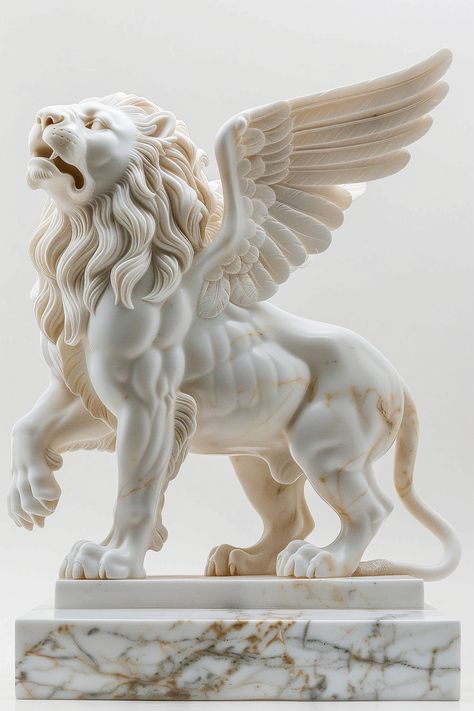 Majestic White Marble Lion with Wings Statue on Podium Statue With Wings, Lion With Wings, Greek Mythology Statue, Tiger Statue, Styrofoam Art, Animal Taxidermy, Winged Lion, Inspirational Digital Art, Lion Statue