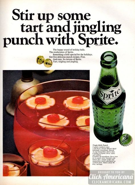 Stir up some tart & jingling punch with Sprite (1965) Punch With Sprite, Alcoholic Punch Recipes, Vintage Drinks, Pop Ads, Lemonade Concentrate, Vintage Soda, Holiday Punch, Christmas Punch, Punch Recipe