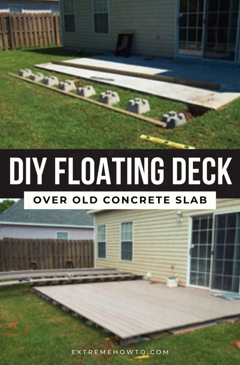 Build a floating backyard deck over concrete slab or patio. Follow our DIY guide for step-by-step instructions. Discover budget-friendly ground level deck ideas and get inspired to create a beautiful outdoor living space. Learn the low-down on low decks and design a floating deck that enhances your backyard! Extend Concrete Slab Patio, Flat Deck Ideas Backyards Patio, Covered Floating Deck Ideas, Ground Level Wood Deck, Low To Ground Deck, Simple Floating Deck, Leveled Deck Ideas, Floating Wood Deck Patio, Deck Low To The Ground