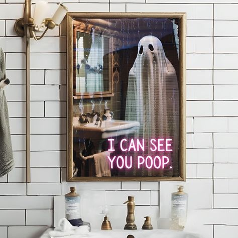 👀 👻 #ghost #bathroom #homedecor #spooky #spookyseason #halloween #print Halloween Decor Bathroom, Scary Bathroom, Ghost Illustration, Art Ghost, Wall Art Halloween, Ghost Art, Ghost Tattoo, Season Decor, Trailer Home