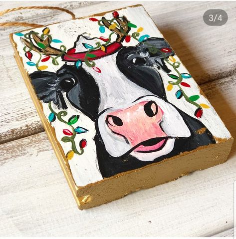 Christmas Cow Painting Canvas, Christmas Cow Art, Country Christmas Paintings, Christmas Farm Animals Paintings, Cow Christmas Painting, Christmas Cow Pictures, Cow Ornaments Diy, Christmas Cow Painting, Cow Christmas Ornaments